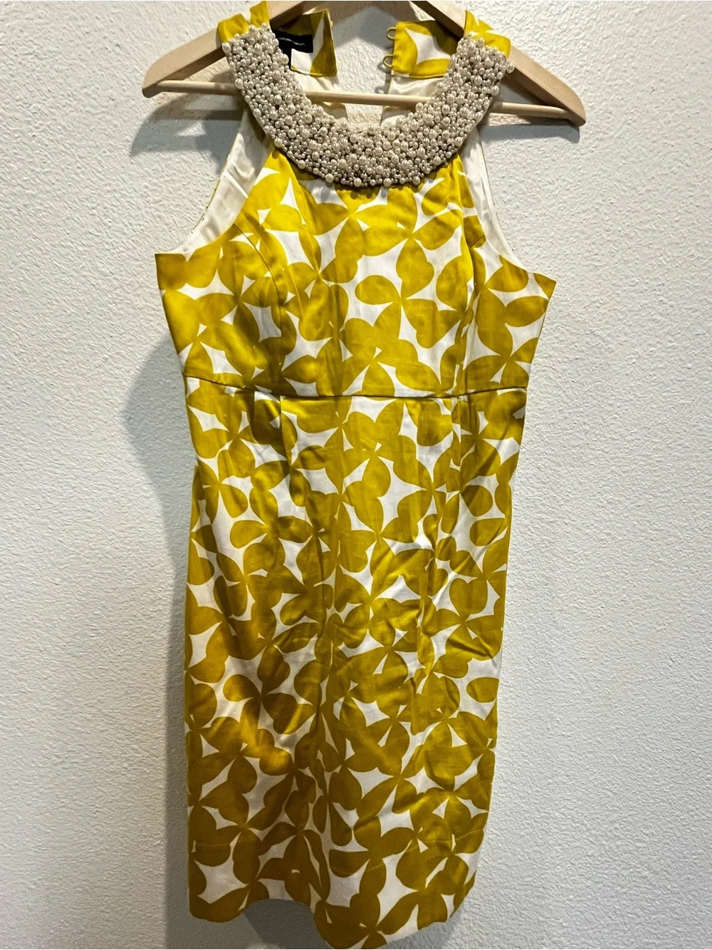 INC International Concepts Yellow and White Printed‎ Dress with Beaded Collar